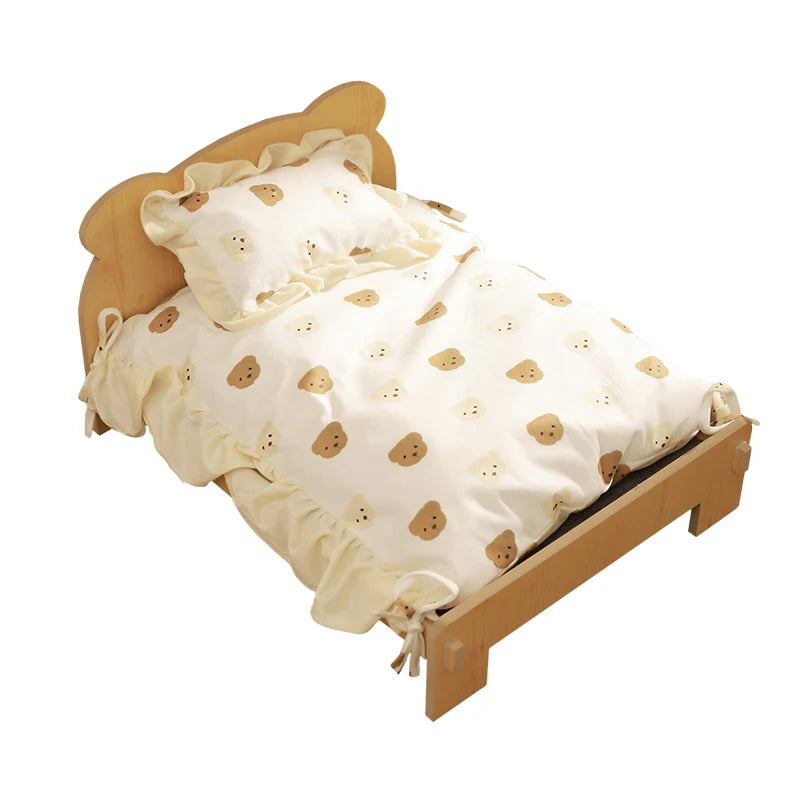 Wooden Pet Bed Bed With Teddy Bear Pattern for Indoor Pet Furniture Floor To Ceiling Bed(20*11inch)Comfortable Durable
