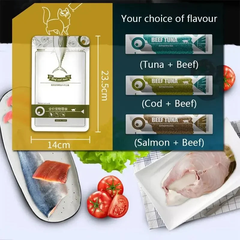 Cat Food Sauce with Delicious Flavors of Cod, Tuna, Salmon and Beef