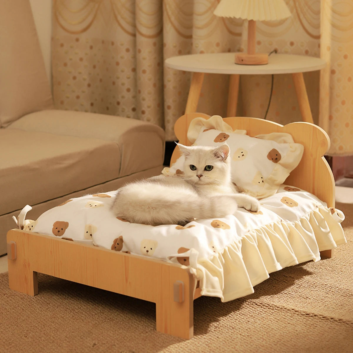 Wooden Pet Bed Bed With Teddy Bear Pattern for Indoor Pet Furniture Floor To Ceiling Bed(20*11inch)Comfortable Durable