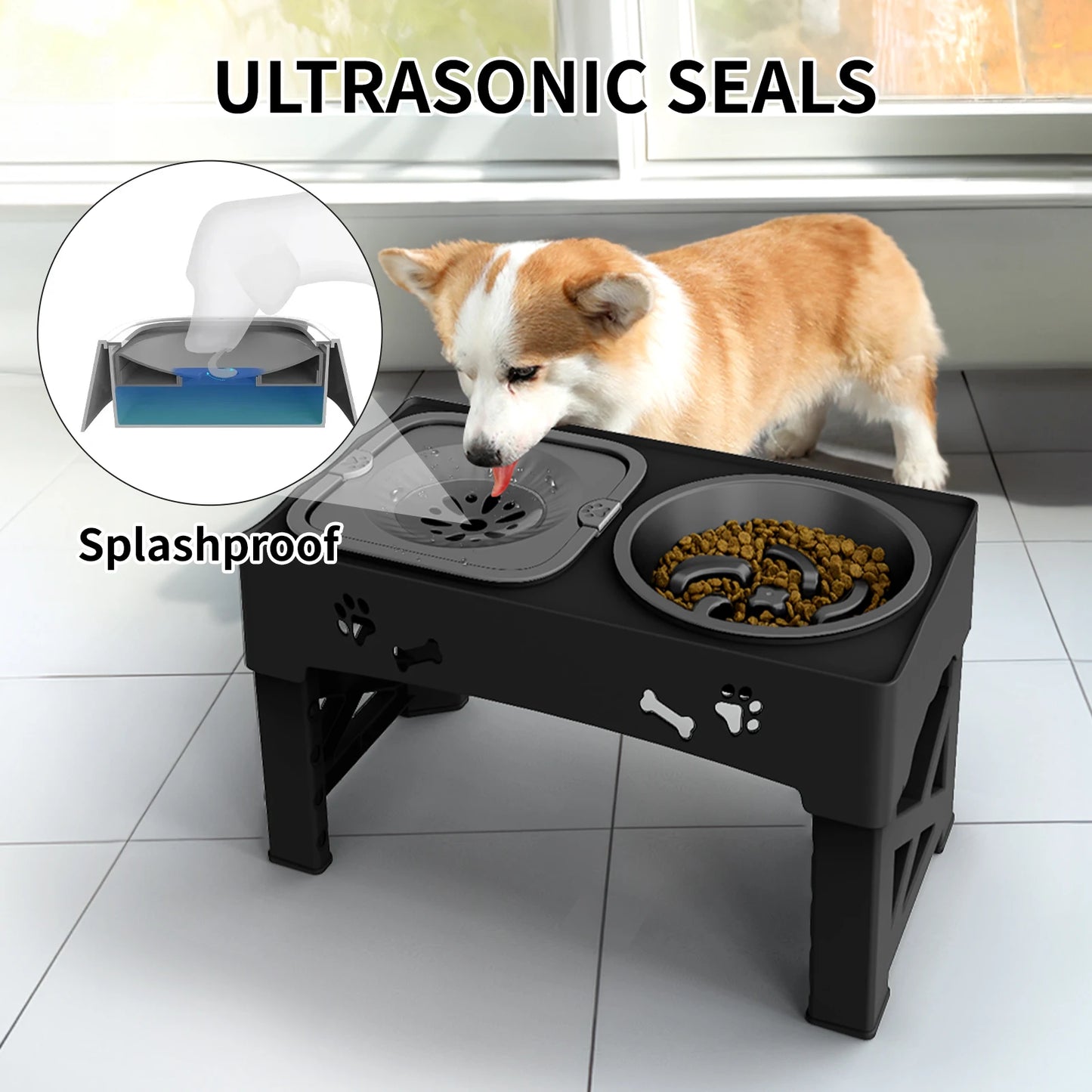 3in1 Pet Feeder Slow Feed Double Bowls With 5 Adjustable Height Suitable For Pets Of Different Heights