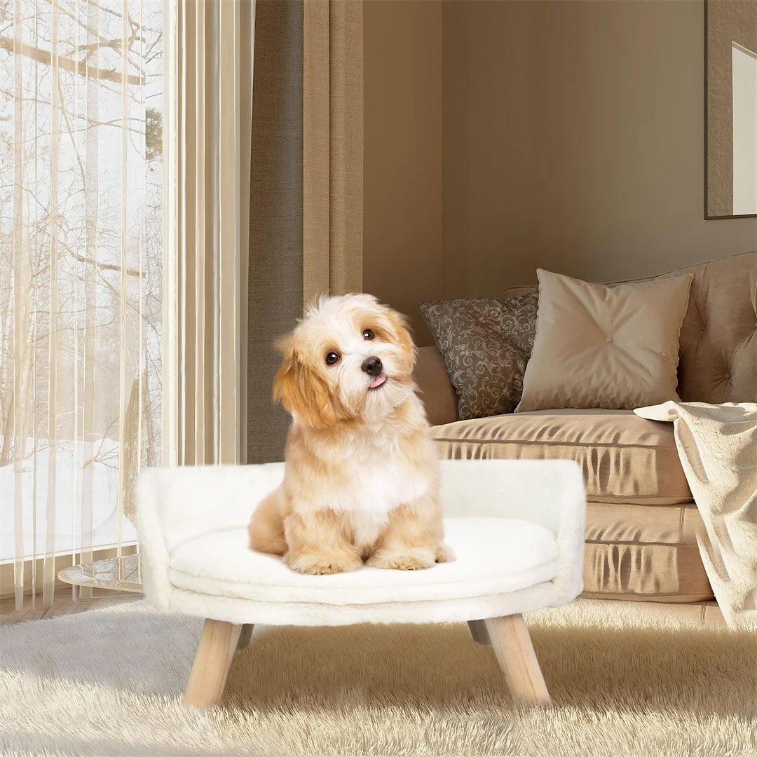 Luxury Pet Bed Soft Warm Plush Fabric Pet Nesting Chair Bed Stool Wood Legs with Cushion Pad Washable Waterproof for Small Pets