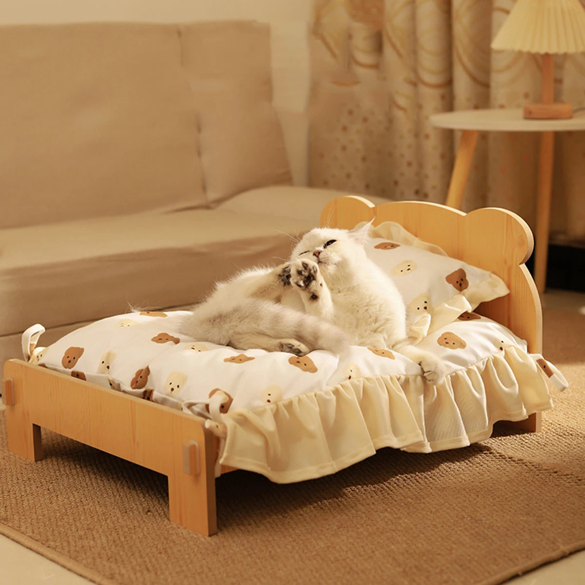 Wooden Pet Bed Bed With Teddy Bear Pattern for Indoor Pet Furniture Floor To Ceiling Bed(20*11inch)Comfortable Durable