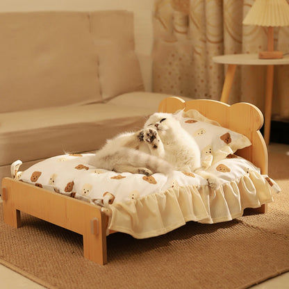 Wooden Pet Bed Bed With Teddy Bear Pattern for Indoor Pet Furniture Floor To Ceiling Bed(20*11inch)Comfortable Durable