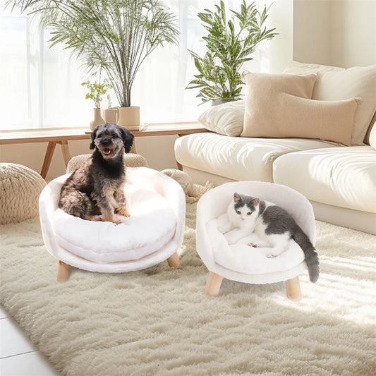 Luxury Pet Bed Soft Warm Plush Fabric Pet Nesting Chair Bed Stool Wood Legs with Cushion Pad Washable Waterproof for Small Pets