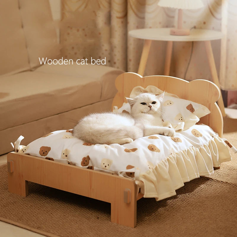 Wooden Pet Bed Bed With Teddy Bear Pattern for Indoor Pet Furniture Floor To Ceiling Bed(20*11inch)Comfortable Durable