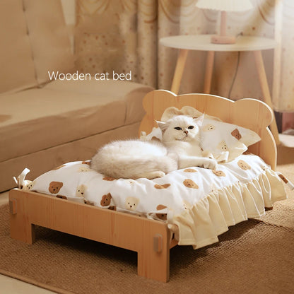 Wooden Pet Bed Bed With Teddy Bear Pattern for Indoor Pet Furniture Floor To Ceiling Bed(20*11inch)Comfortable Durable