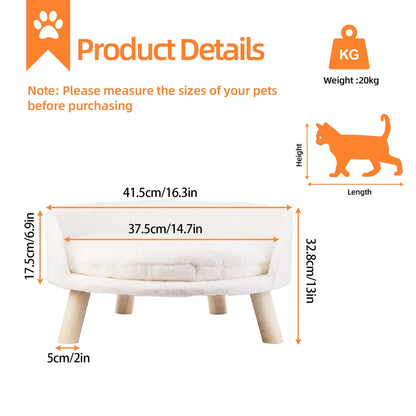 Luxury Pet Bed Soft Warm Plush Fabric Pet Nesting Chair Bed Stool Wood Legs with Cushion Pad Washable Waterproof for Small Pets