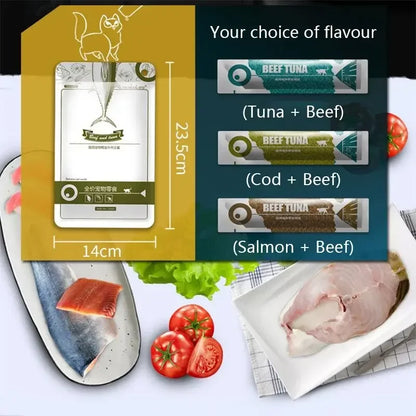 Cat Food Sauce with Delicious Flavors of Cod, Tuna, Salmon and Beef