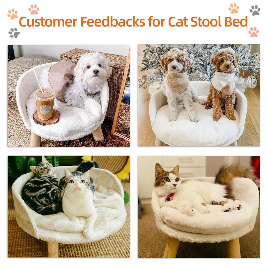Luxury Pet Bed Soft Warm Plush Fabric Pet Nesting Chair Bed Stool Wood Legs with Cushion Pad Washable Waterproof for Small Pets