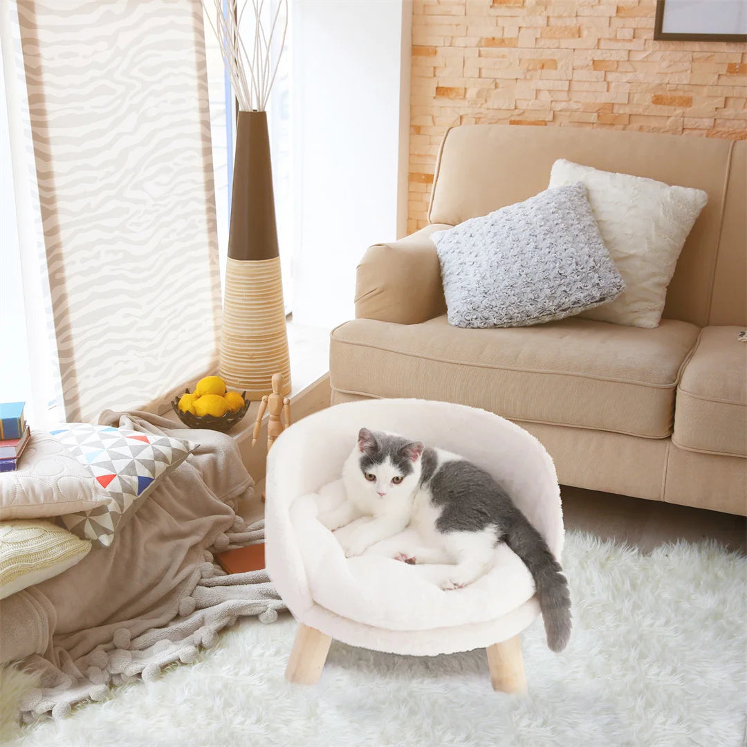 Luxury Pet Bed Soft Warm Plush Fabric Pet Nesting Chair Bed Stool Wood Legs with Cushion Pad Washable Waterproof for Small Pets