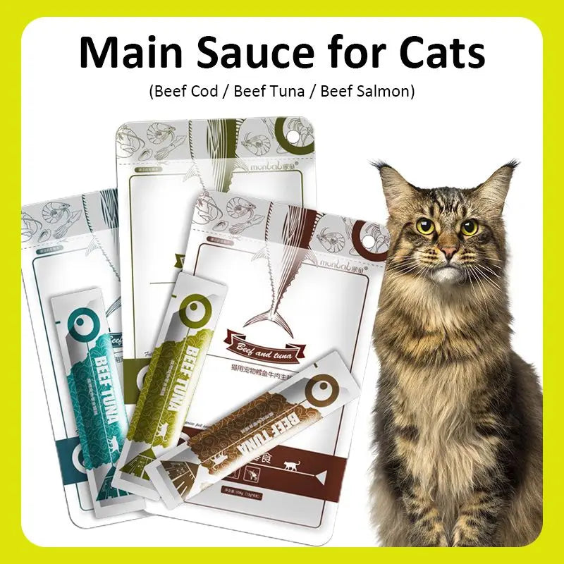 Cat Food Sauce with Delicious Flavors of Cod, Tuna, Salmon and Beef