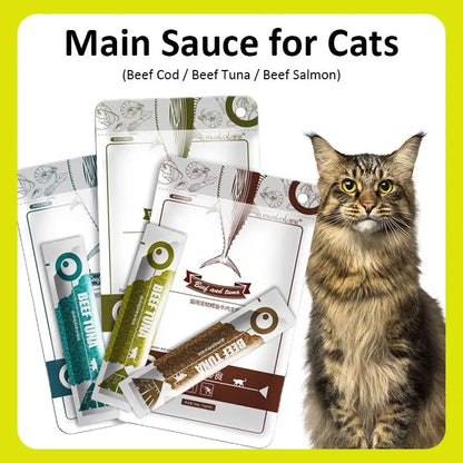Cat Food Sauce with Delicious Flavors of Cod, Tuna, Salmon and Beef