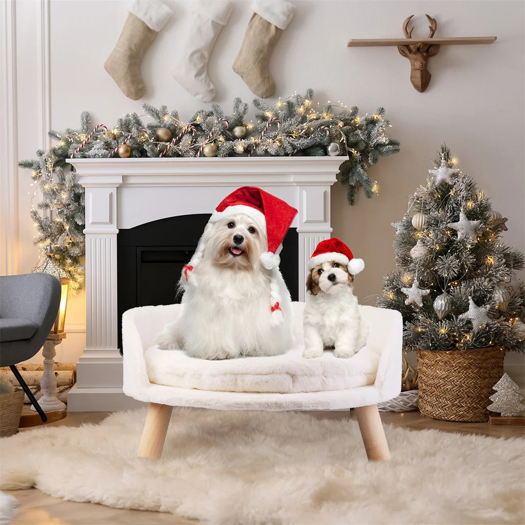 Luxury Pet Bed Soft Warm Plush Fabric Pet Nesting Chair Bed Stool Wood Legs with Cushion Pad Washable Waterproof for Small Pets
