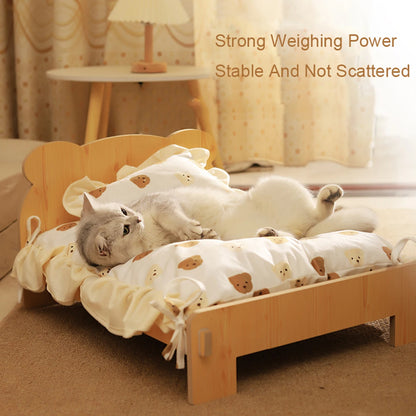 Wooden Pet Bed Bed With Teddy Bear Pattern for Indoor Pet Furniture Floor To Ceiling Bed(20*11inch)Comfortable Durable